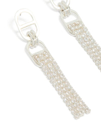 Showcasing silver diamante round attached tassel drop earrings close up view - link has visual effect only