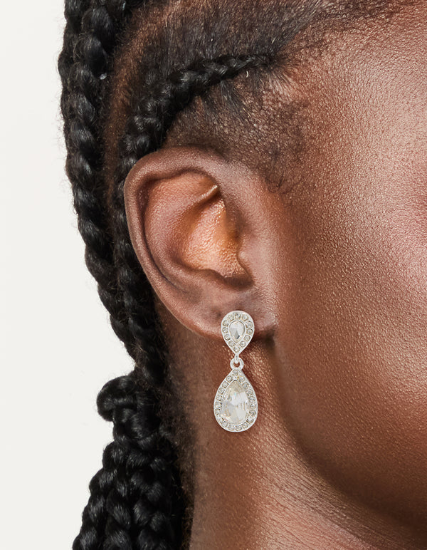 Silver Double Oval Diamante Drop Earrings