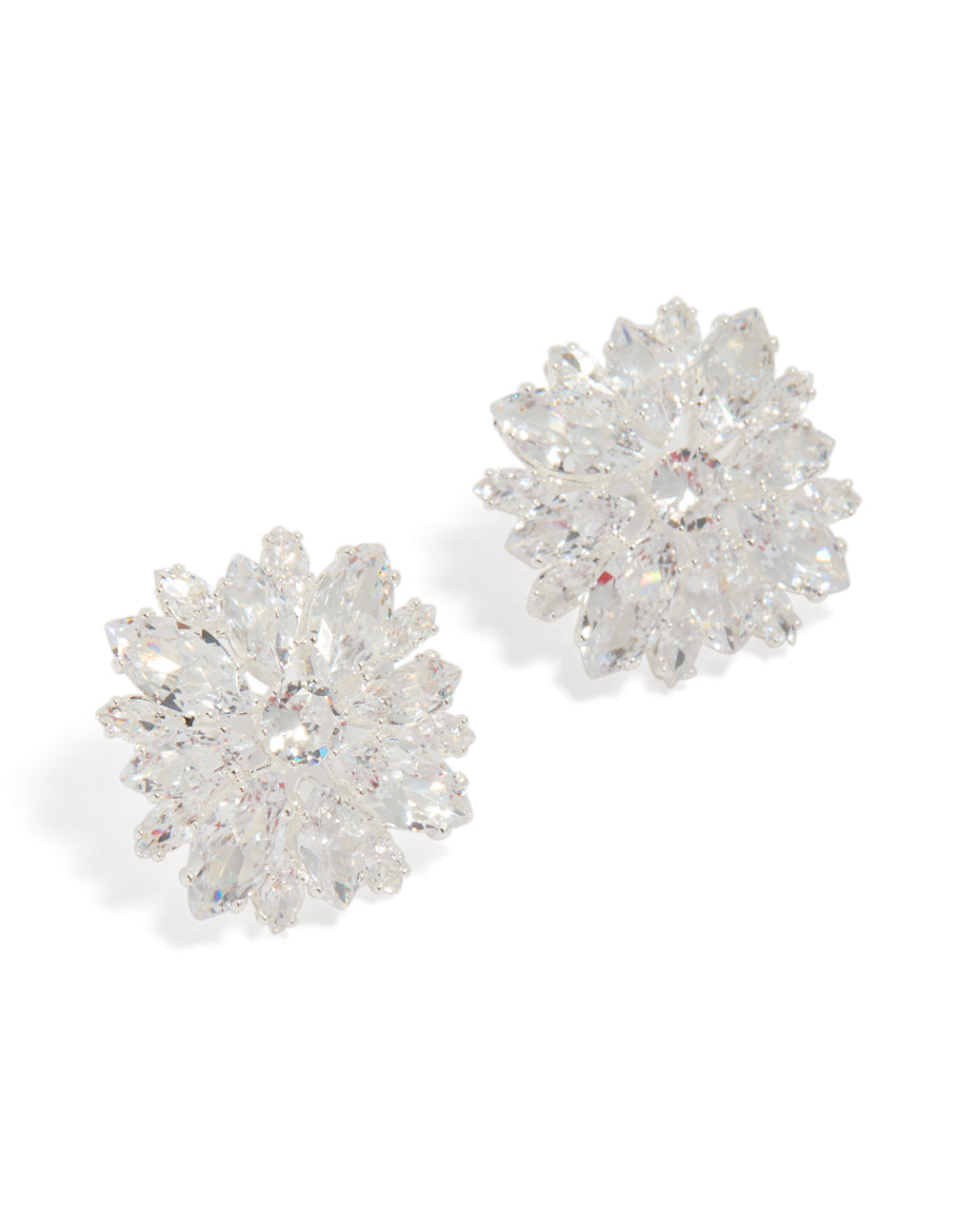 Beautifully crafted silver plated cubic zirconia flower cluster stud earrings with clear accents front view