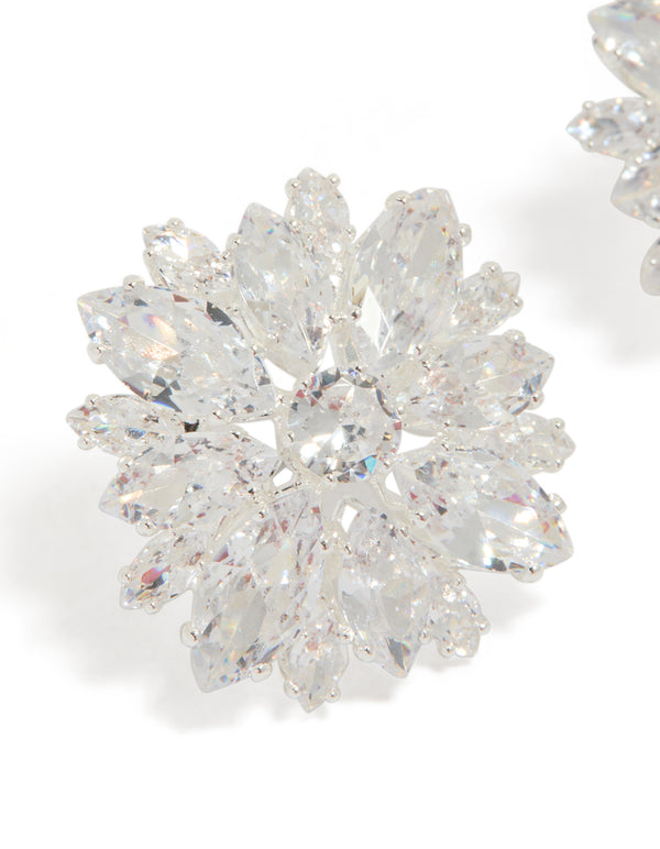 Silver Plated Cubic Zirconia Flower Cluster Stud Earrings