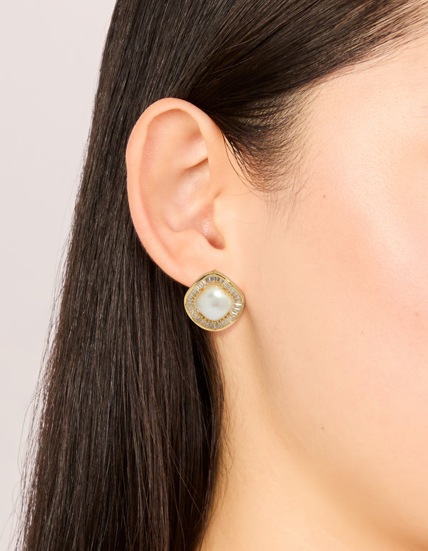 Gold Plated Cubic Zirconia & Pearl Stud Earrings