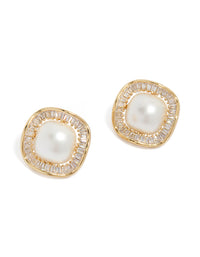 Showcasing gold plated stud earrings featuring pearl and cubic zirconia in ivory clear front view - link has visual effect only
