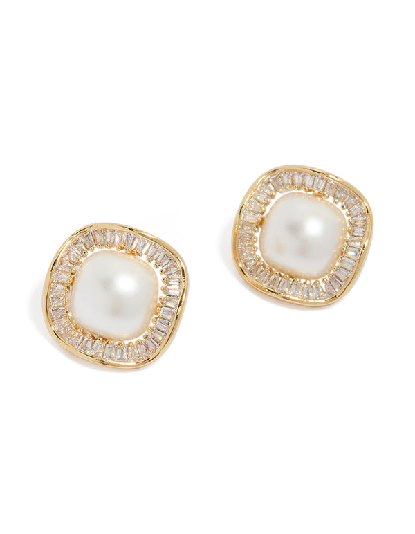 Showcasing gold plated stud earrings featuring pearl and cubic zirconia in ivory clear front view