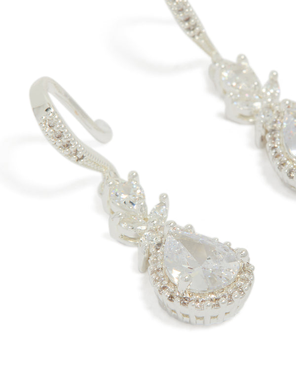 Silver Plated Cubic Zirconia Vine Fish Hook Drop Earrings
