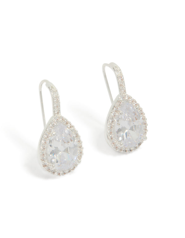 Showcasing large hook drop earrings in statement style with cubic zirconia stones and plated finish front view