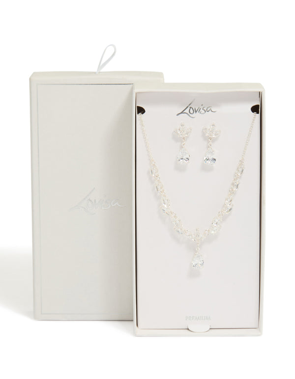Silver Plated Large Vine Cubic Zirconia Necklace & Earrings Set