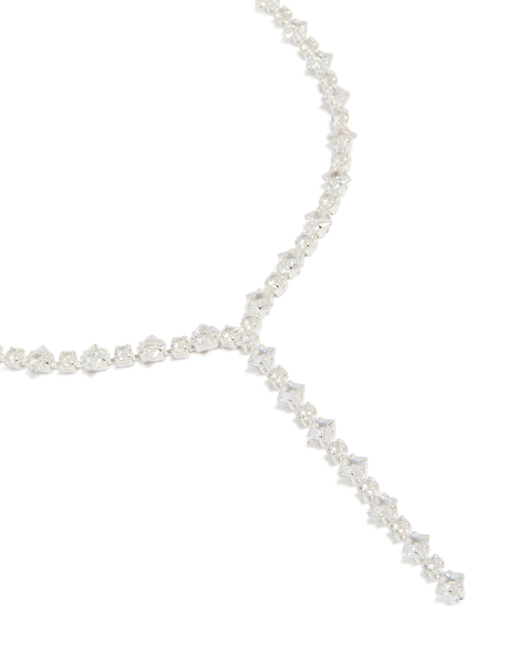 Featuring a silver plated cubic zirconia square tennis Y-necklace close up view