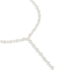 Showcasing a plated cubic zirconia square tennis Y-necklace in silver close up view - link has visual effect only