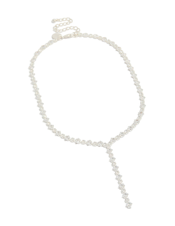Elegant plated cubic zirconia square tennis Y-necklace in silver front view