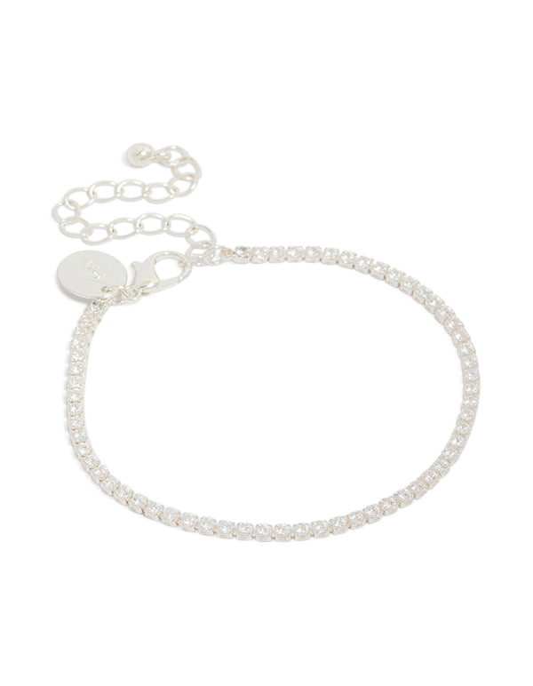 Elegant tennis bracelet crafted from silver plated metal with cubic zirconia round stones front view