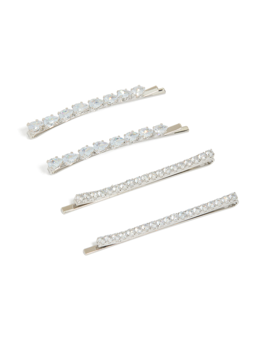 Showcasing a 4-pack of cubic zirconia mixed shape hair slides in silver front view