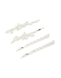 Showcasing floral cubic zirconia silver plated oval hair clips in a 4-pack front view - link has visual effect only