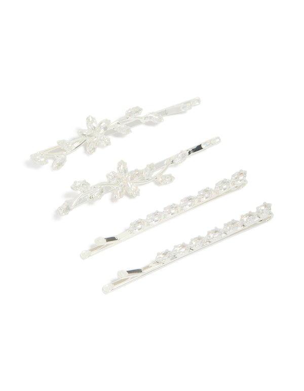 Showcasing floral cubic zirconia silver plated oval hair clips in a 4-pack front view