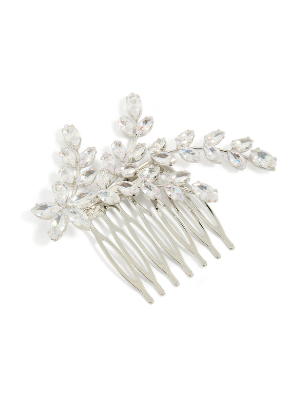 Featuring a diamante flower and leaf comb in silver front view