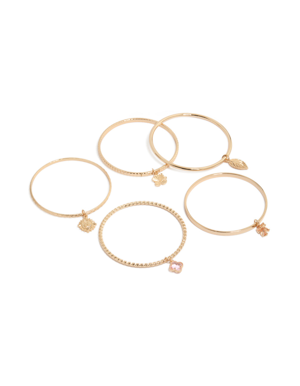 Discover gold charm bangles featuring celestial sun, floral and leaf in pink accents, front view