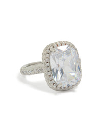 Showcasing a statement ring with cushion cut cubic zirconia and halo crystal detailing in silver and clear front view - link has visual effect only