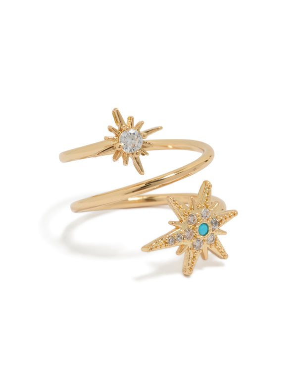 Elegant gold plated cubic zirconia shooting star ring with celestial design front view