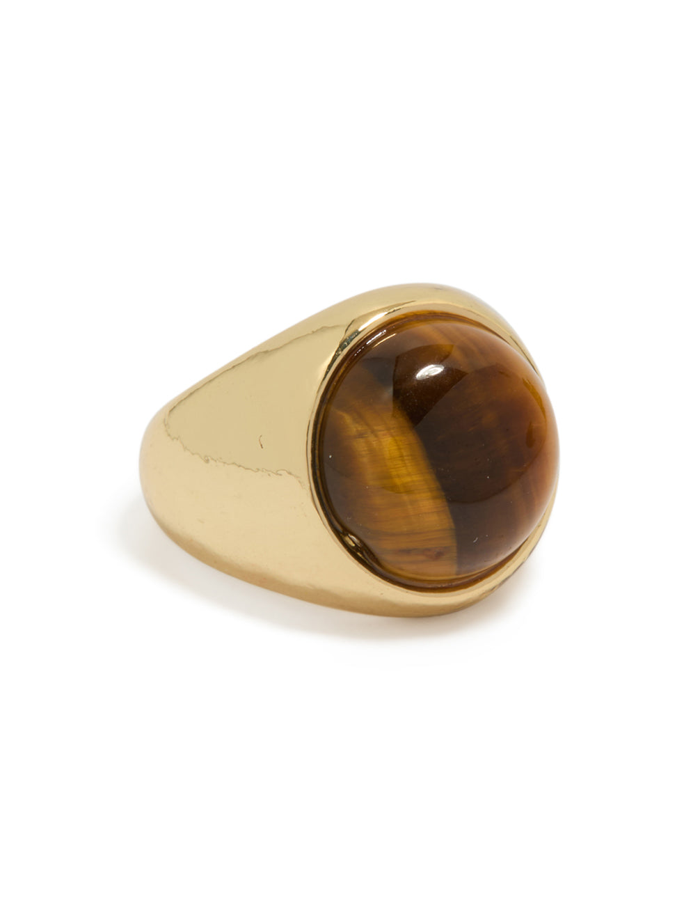 Showcasing a gold plated statement ring with large brown stone front view
