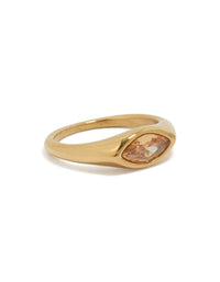 Showcasing a gold plated stainless steel signet ring with cubic zirconia crystal in waterproof construction front view - link has visual effect only