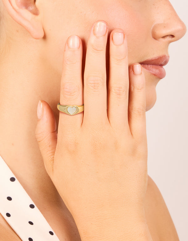 Gold Plated Stainless Steel Dainty Heart Signet Ring