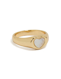 This dainty gold plated stainless steel heart signet ring with waterproof material front view - link has visual effect only