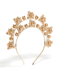 Elegant gold pearl double row flower headband crafted in ivory front view - link has visual effect only
