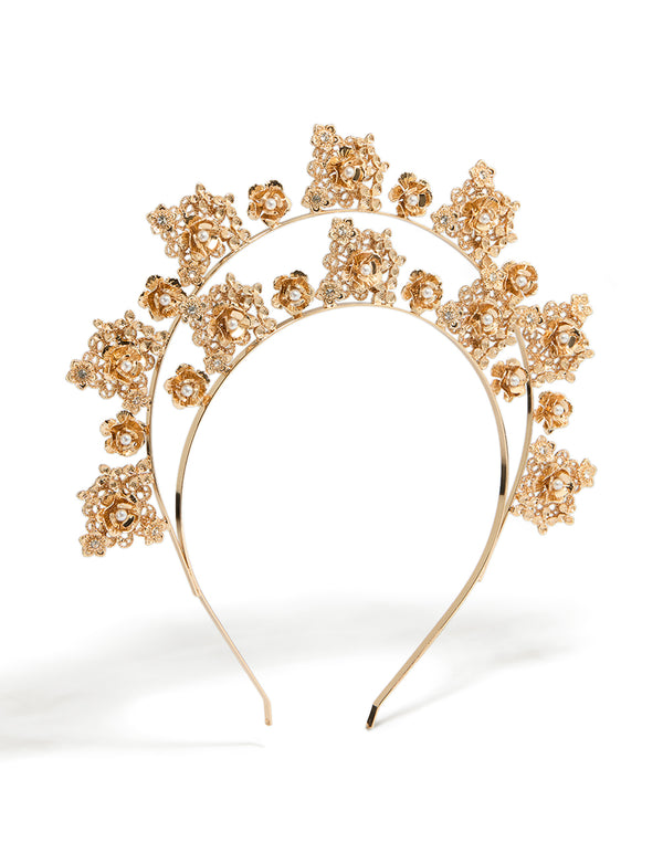Elegant gold pearl double row flower headband crafted in ivory front view
