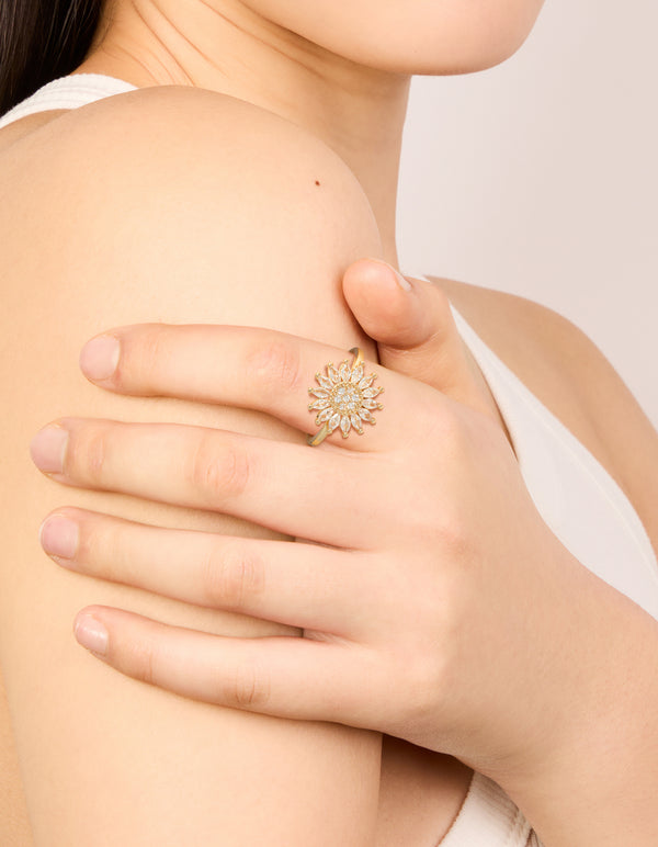 Featuring a gold cubic zirconia daisy flower ring on finger view