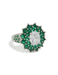 Crafted from cubic zirconia and crystal, this statement floral ring features a green and clear design with silver accents front view - link has visual effect only
