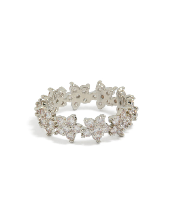Showcasing a floral feature with cubic zirconia statement band ring in silver and clear front view