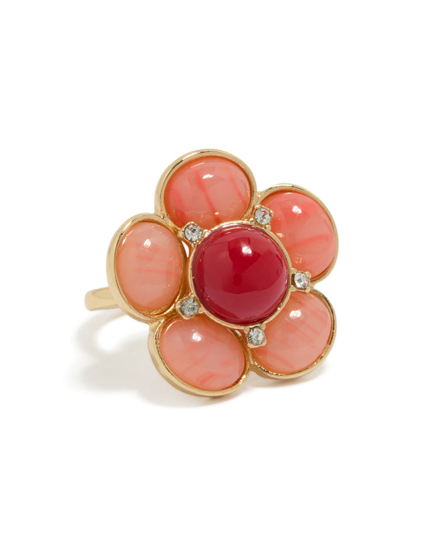 Showcasing a gold plated statement pink stone flower ring with crimson and coral hues front view