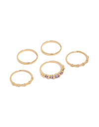 Showcasing gold plated cubic zirconia dainty stacking rings in a 5-pack front view - link has visual effect only