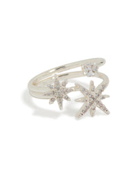 Showcasing a silver plated ring with celestial star design featuring cubic zirconia stones in clear front view - link has visual effect only