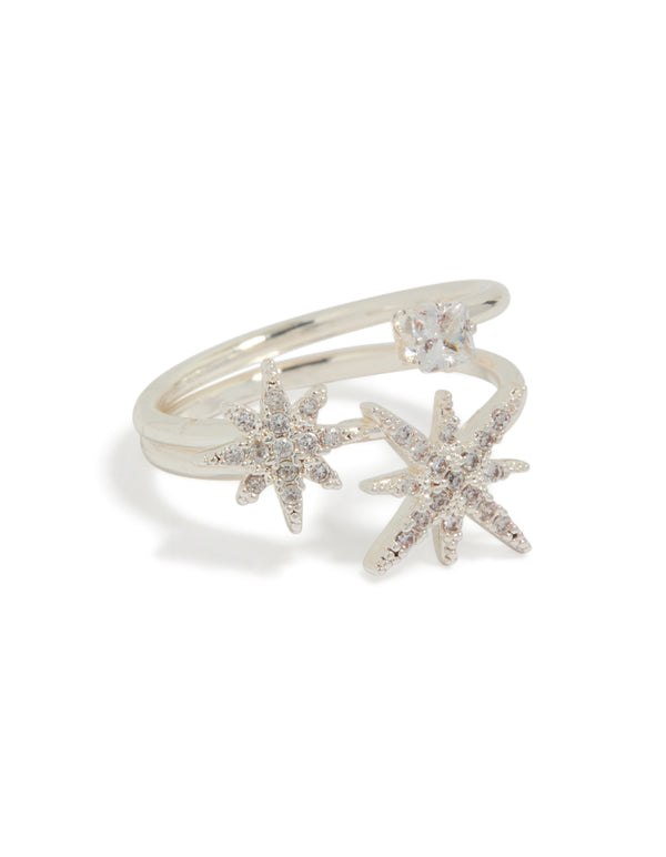 Showcasing a silver plated ring with celestial star design featuring cubic zirconia stones in clear front view