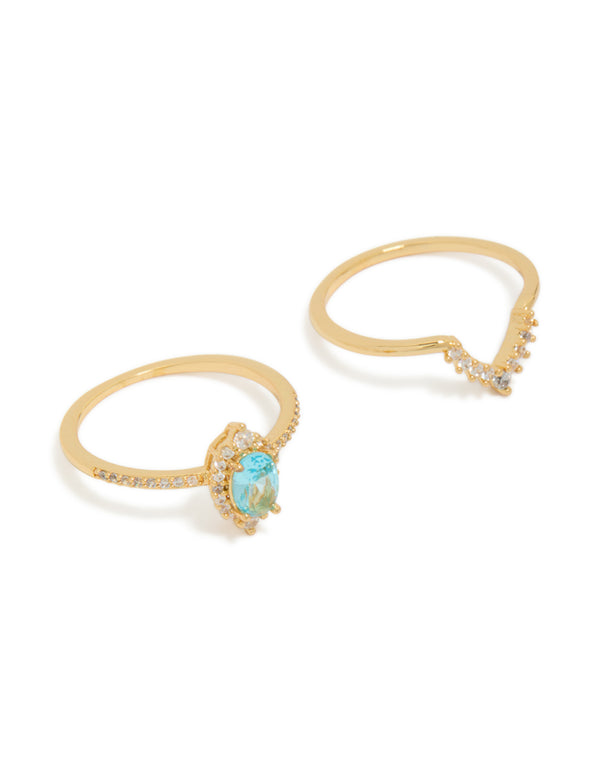 Gold plated cubic zirconia pear and crown stacking rings 2-pack featuring with crystal and aqua clear accents front view