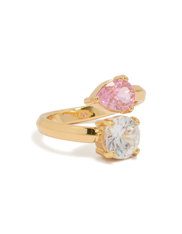 Stunning gold plated stainless steel cubic zirconia circle wrap ring in gold with pink and clear stones front view
