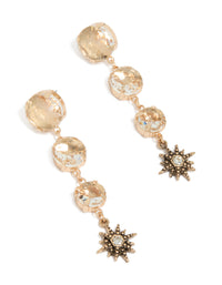 Showcasing gold triple jewel drop earrings featuring celestial star front view - link has visual effect only