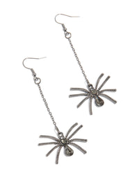 Showcasing gunmetal spider chain drop earrings with statement in dimgrey and silver front view - link has visual effect only