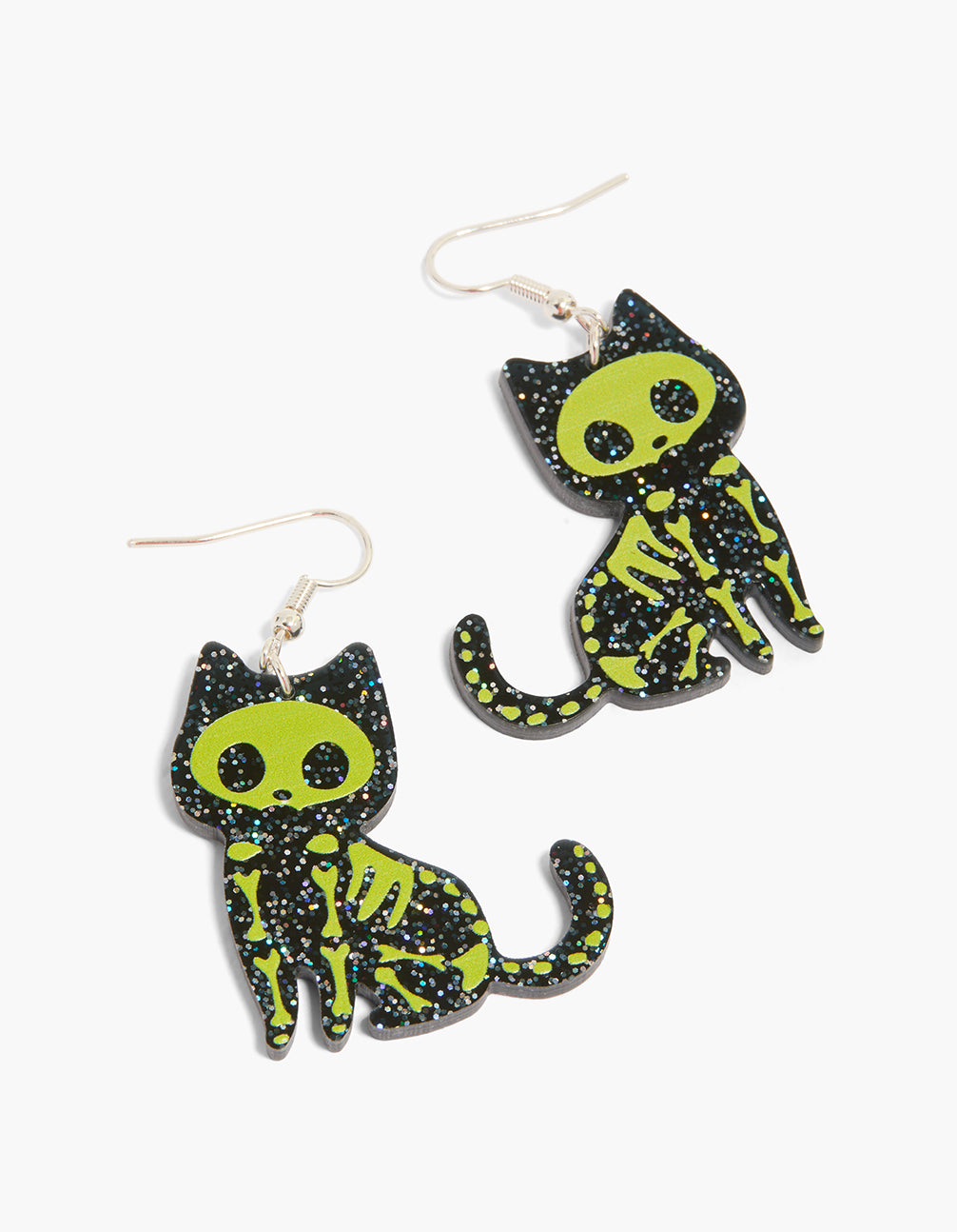 Statement drop earrings featuring black glitter acrylic with green yellow skeleton cat design front view