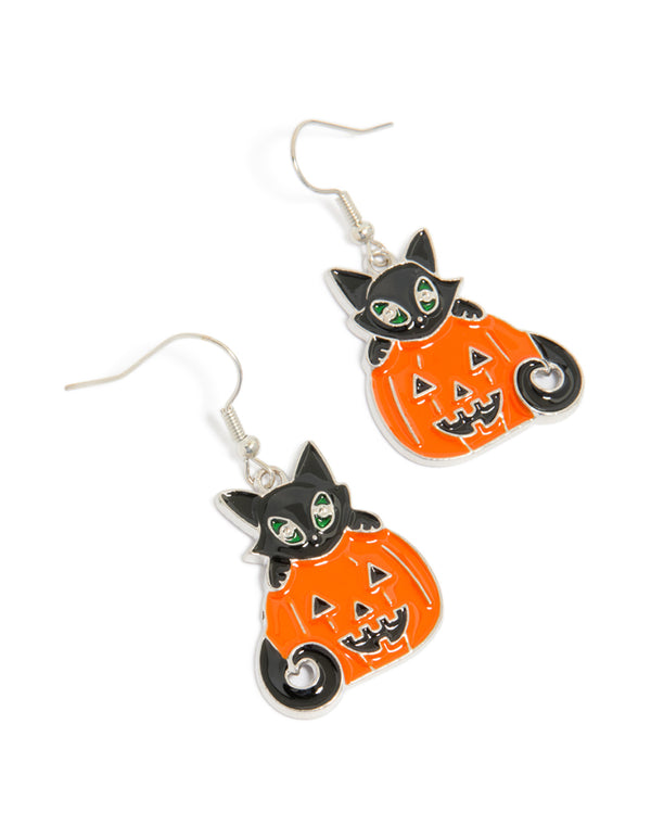 Showcasing silver drop earrings featuring black cat and pumpkin with orange and green enamel detailing front view