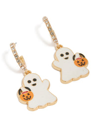 Showcasing gold ghost and pumpkin huggie earrings featuring white enamel and orange accents front view - link has visual effect only