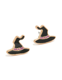 Charming gold black witch hat stud earrings with purple accents front view - link has visual effect only
