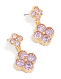 Discover these gold pink cubic zirconia double flower drop earrings front view - link has visual effect only