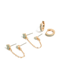 Gold Light Blue Cubic Zirconia Chain Flower & Huggie Earrings Pack - link has visual effect only