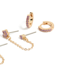 Gold Lilac Cubic Zirconia Chain Flower & Huggie Earrings Pack - link has visual effect only