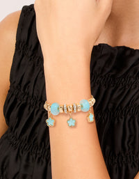 Gold Blue Beaded & Flower Trio Charm Toggle Bracelet - link has visual effect only