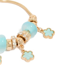Gold Blue Beaded & Flower Trio Charm Toggle Bracelet - link has visual effect only