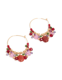 Gold Thin Red Pink & Green Beaded Hoop Earrings - link has visual effect only