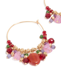 Gold Thin Red Pink & Green Beaded Hoop Earrings - link has visual effect only