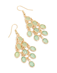 Showcasing gold green diamantes cascading drop earrings in statement style front view - link has visual effect only